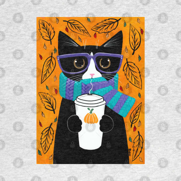 Autumn Coffee Tuxedo Cat by KilkennyCat Art